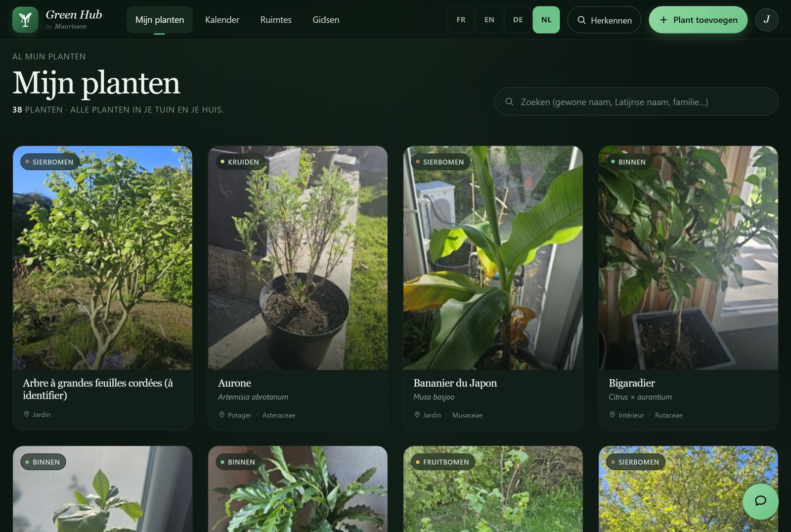 Je planten, elk met haar foto, haar soort en haar ruimte.