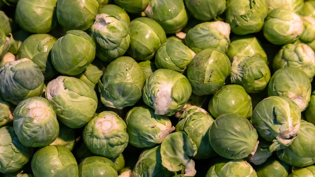Haufen blassgrüner Rosenkohlröschen mit fest geschlossenen Blättern auf einem Marktstand